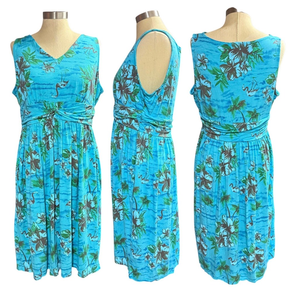 Fresh Produce 1X Blue Tropical Flamingo Floral Midi Dress Coastal Summer Resort
